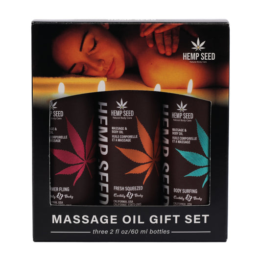 Hemp Seed Massage & Body Oil Trio Gift Set Summer 2025 includes 1 of each: 2oz Body Surfing, Fresh Squeezed, Summer Fling